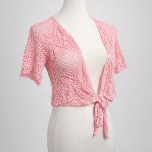 Vintage Pink Crochet Tie Front Cardigan Floral Knit Bolero Fairycore S/M